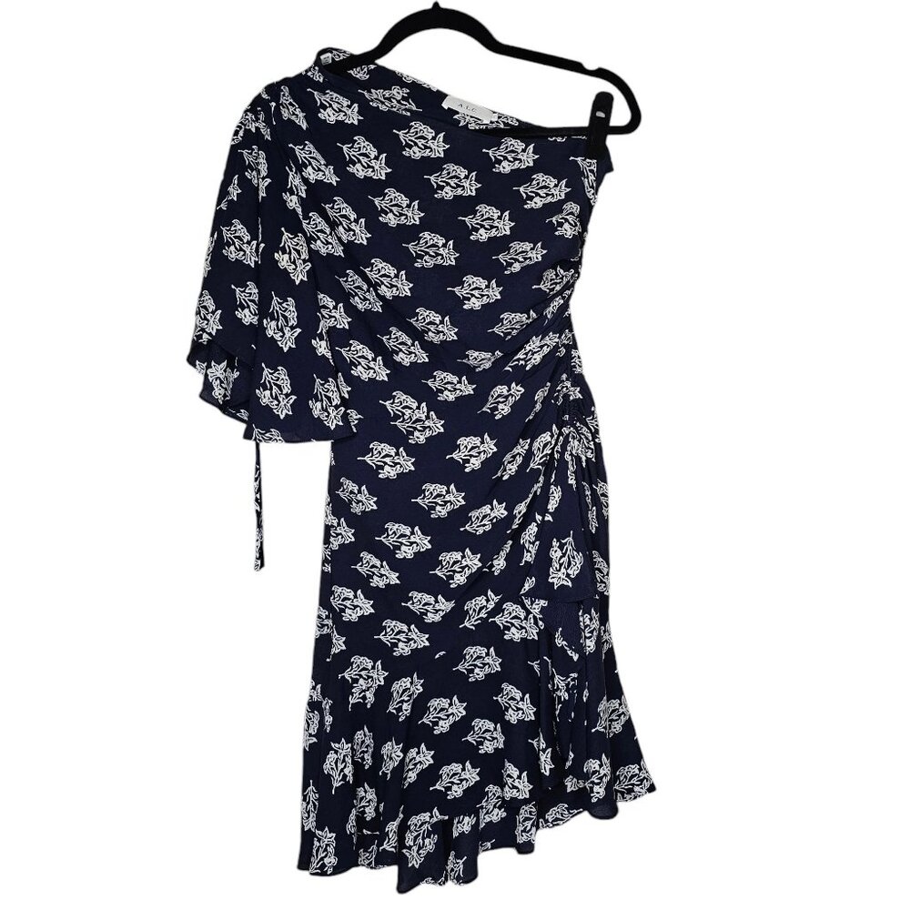 A.L.C. Size 2 Navy Blue Silk Floral Misha Dress One Sleeve Ruched Cinch Mini - Picture 2 of 9
